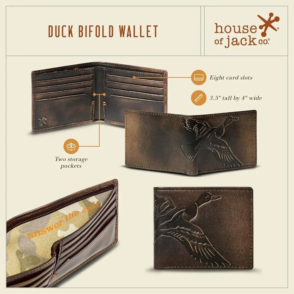 Men's Duck Classic Bifold Brown Grain premium Leather Fishing Wallet Card